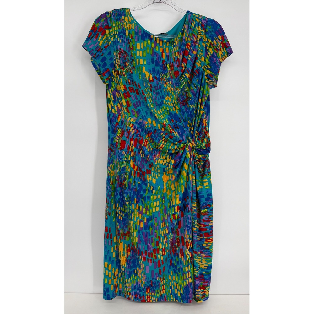 Ellen Tracy Womens Teal Multicolor Mosaic Side Knot Sheath Dress Sz(see pics)